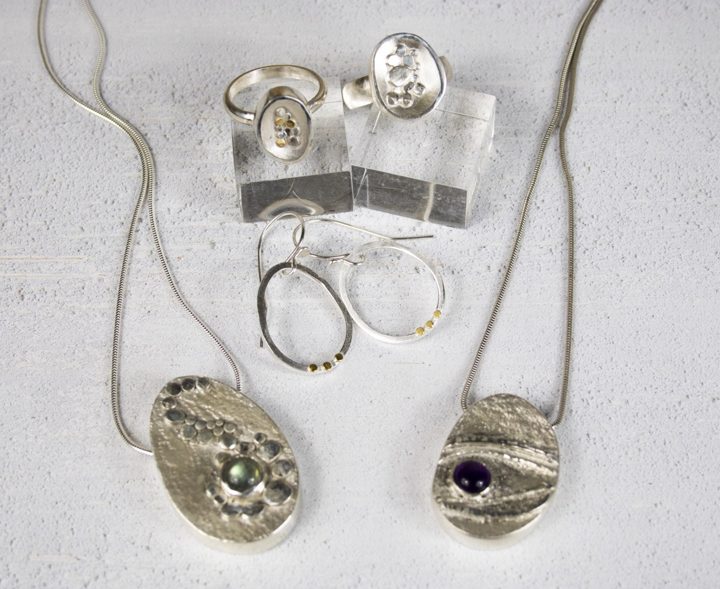 Strata rings, earrings and hollow-form pendants